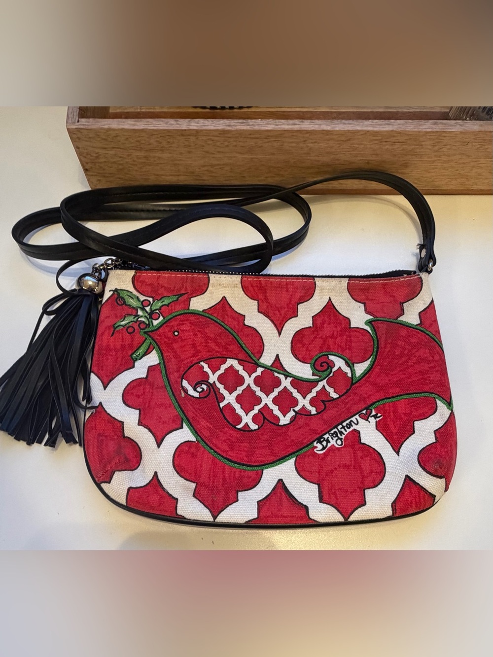 Brighton Love Dove Red Motif Crossbody Bag with Black Strap